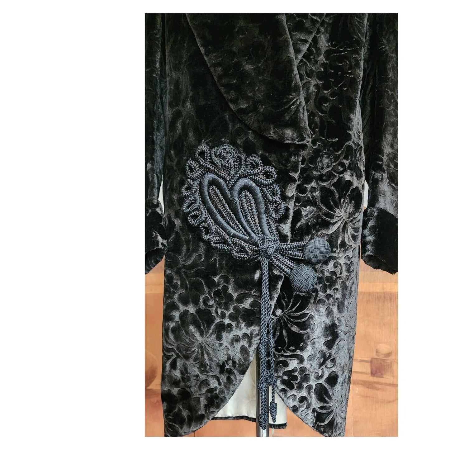 Antique 1910s 20s Edwardian Art Deco Black Textured Silk Velvet Opera Coat Frock Jacket with Silk Chord Knot Closure