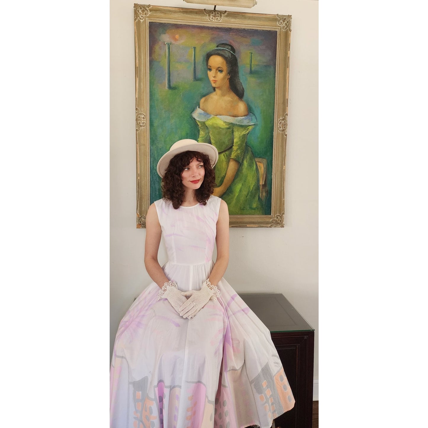 Vintage 90s Cotton Print Sun Dress Sleeveless White Pink Cityscape Print Circle Skirt / S