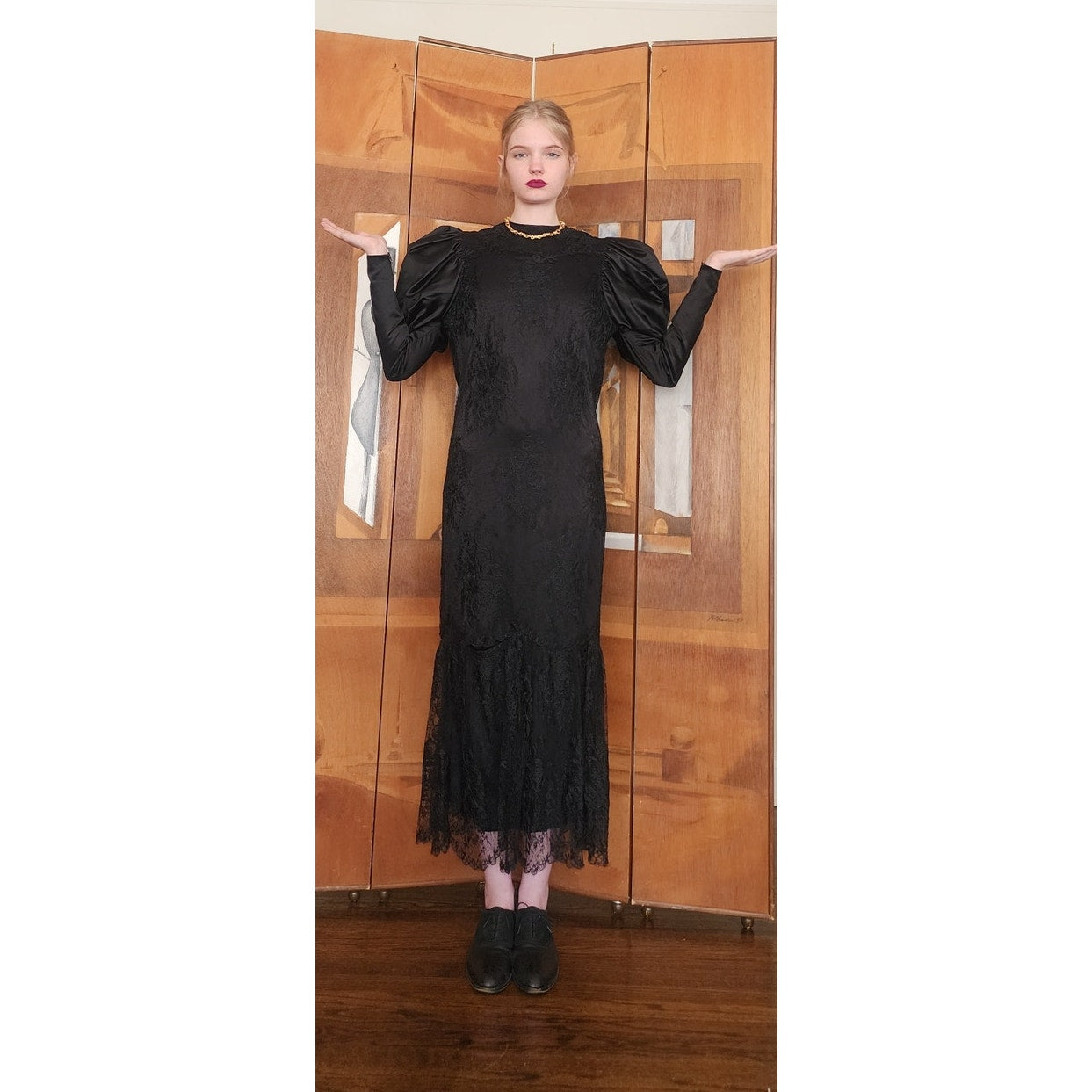 Vintage 80s GALAN0S Couture Dress Black Lace Evening Gown Sculpted Puffed Shoulders
