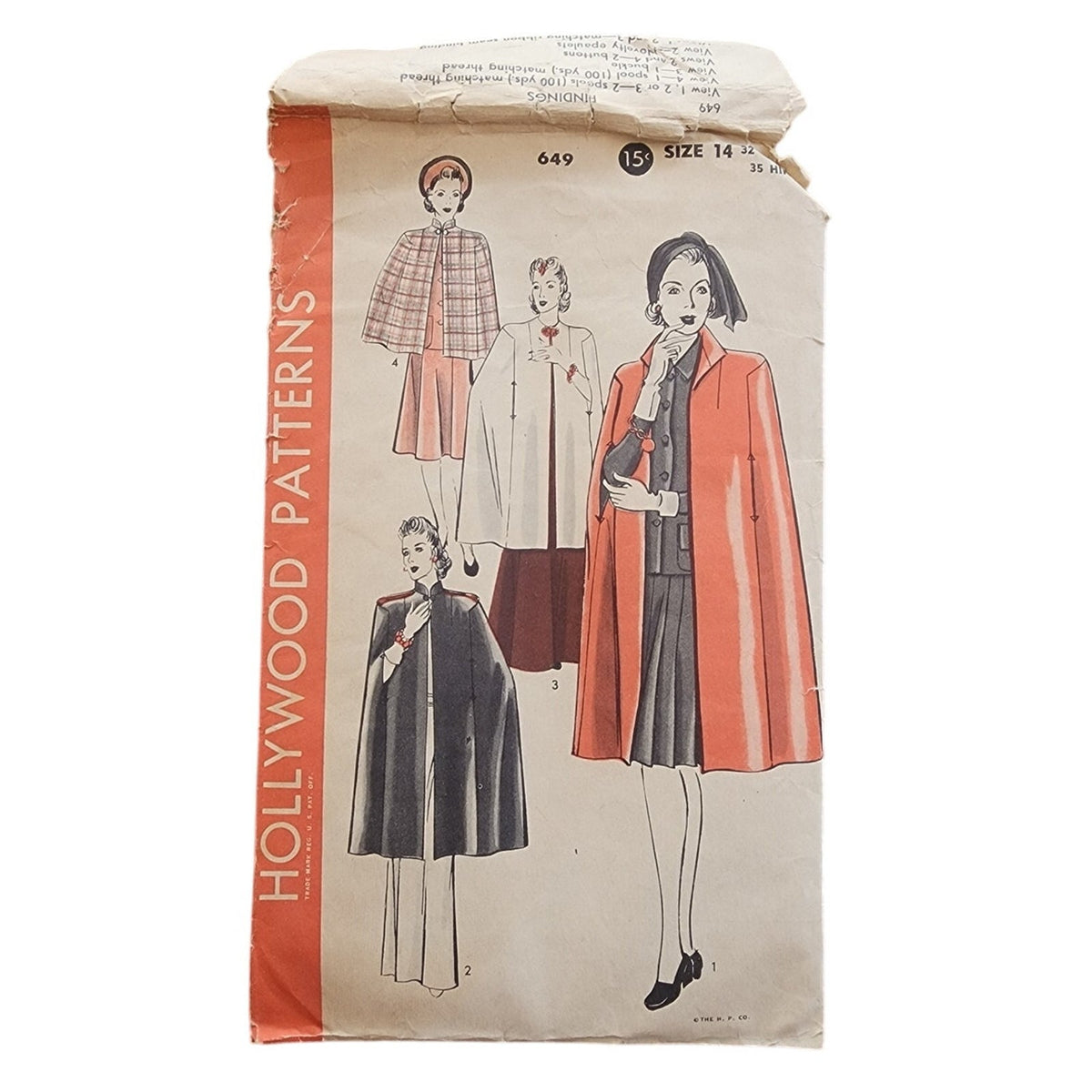 Vintage 1940s Sewing Pattern ORIGINAL Cape Cloak Coat Hollywood Patterns 649