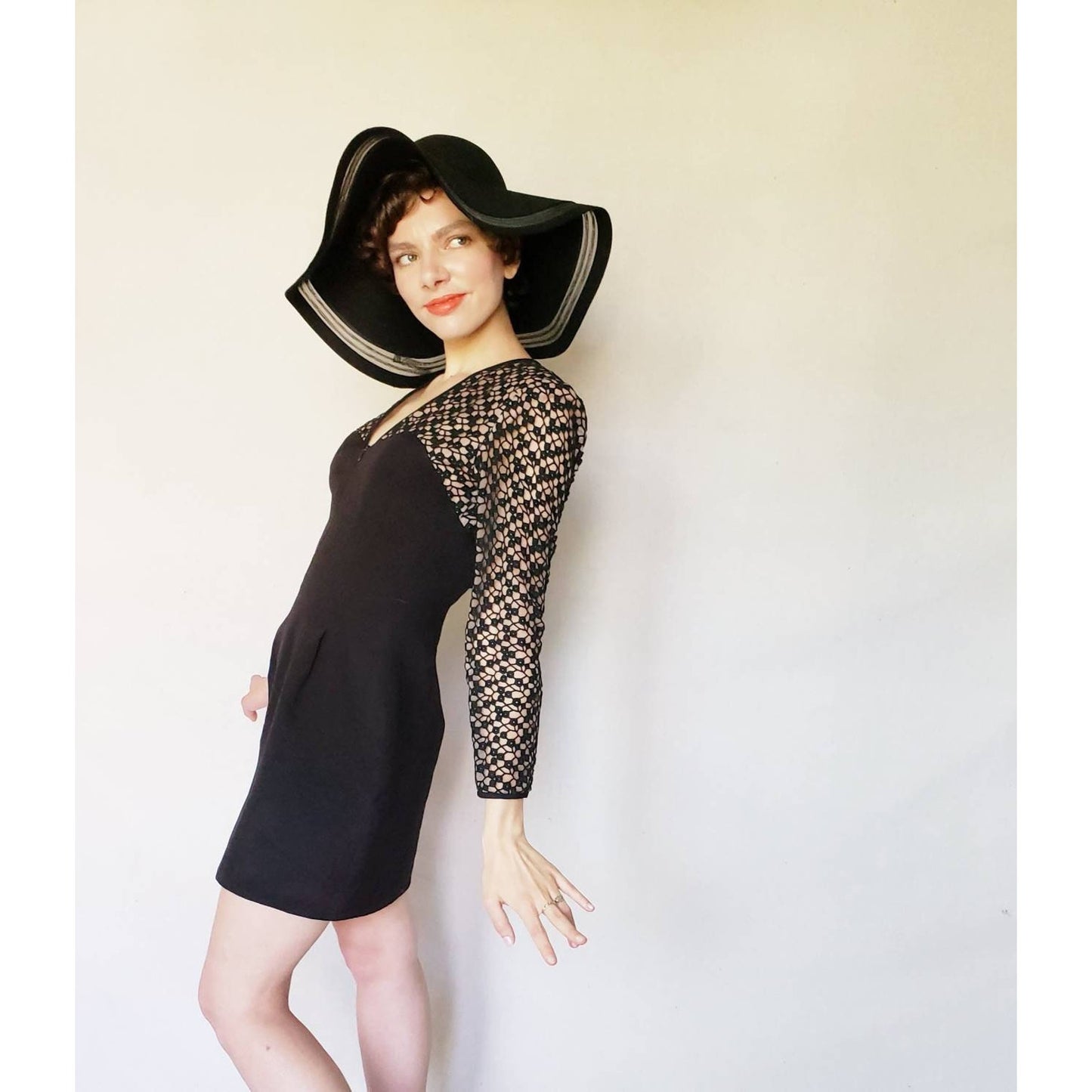 Vintage 1980s Black Party Dress Crochet Lace Nude Illusion Long Sleeved Kathryn Dianos Zip Front