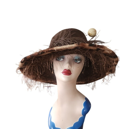 Vintage Y2K Oversized Hat Wide Brim Animal Print Feathers Handmade Chapeau Puccio
