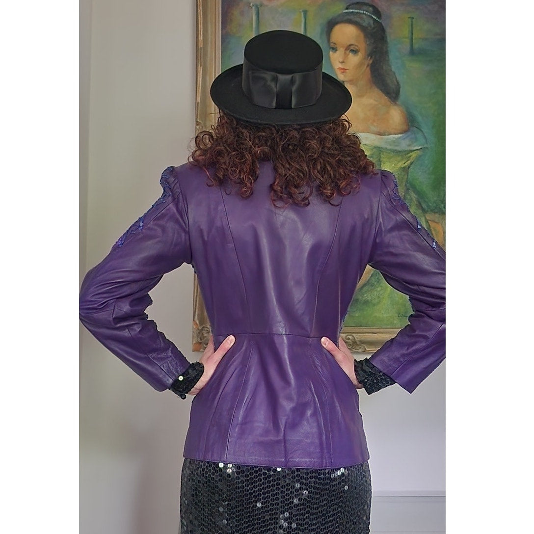 Vintage 80s Purple Leather Blazer Beaded Sequined Jacket French Collizioni / M