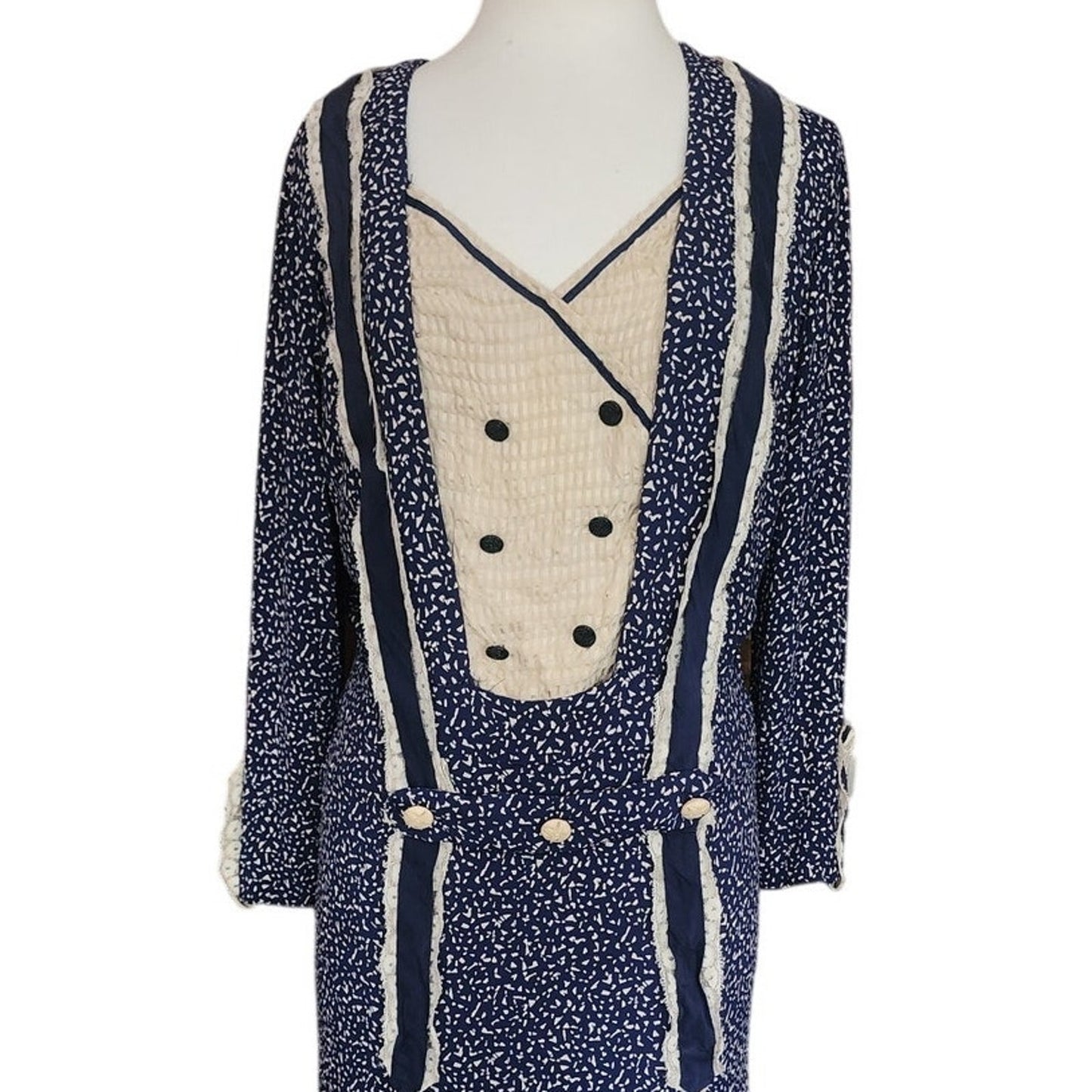 Vintage 1920s Day Dress Silk Print Navy Blue Polkadot Micro Dot Long Sleeves / S