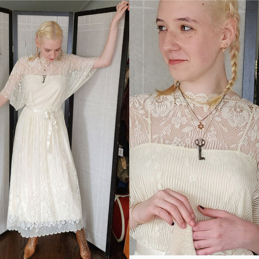 Vintage 70s Cream Lace Dress Elastic Waist Boho Bride