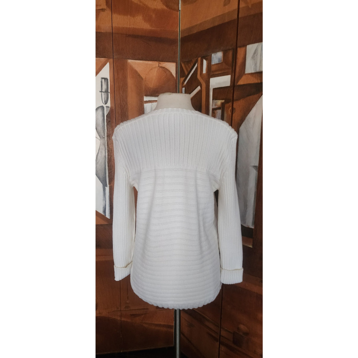 Vintage 1990s Sonia Rykiel Sweater White Knit V Neck Tunic Jumper Textured Stripe Oversized