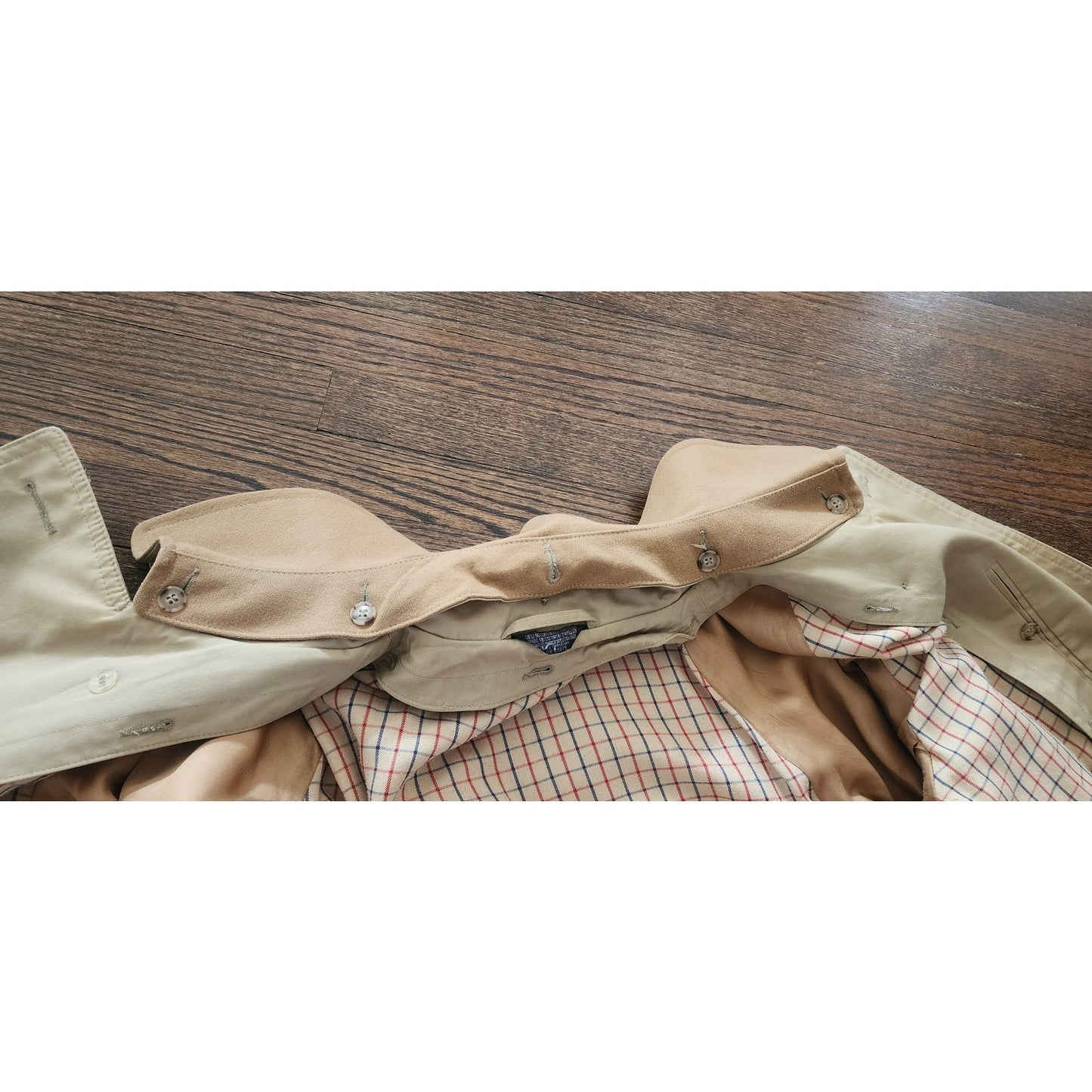 Vintage 80s Lytton's Threadneedle Chicago Mens Beige Trench Rain Coat Belted Wool Collar
