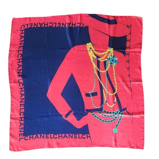 Vintage 90s Chanel Signature "Coco Portrait with Jewelry" Silk Scarf