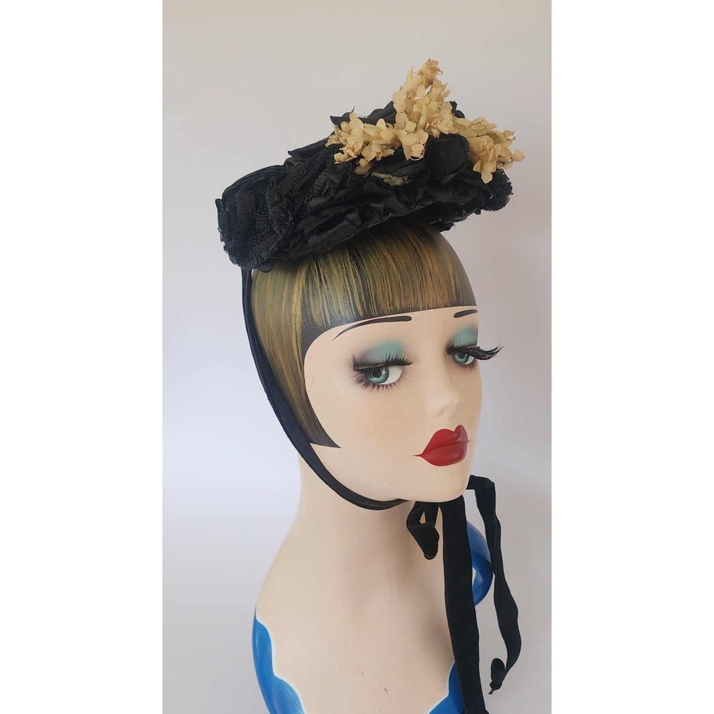 Antique Victorian Hat Black Satin w/Cream Silk Flowers 1800s 19th Century