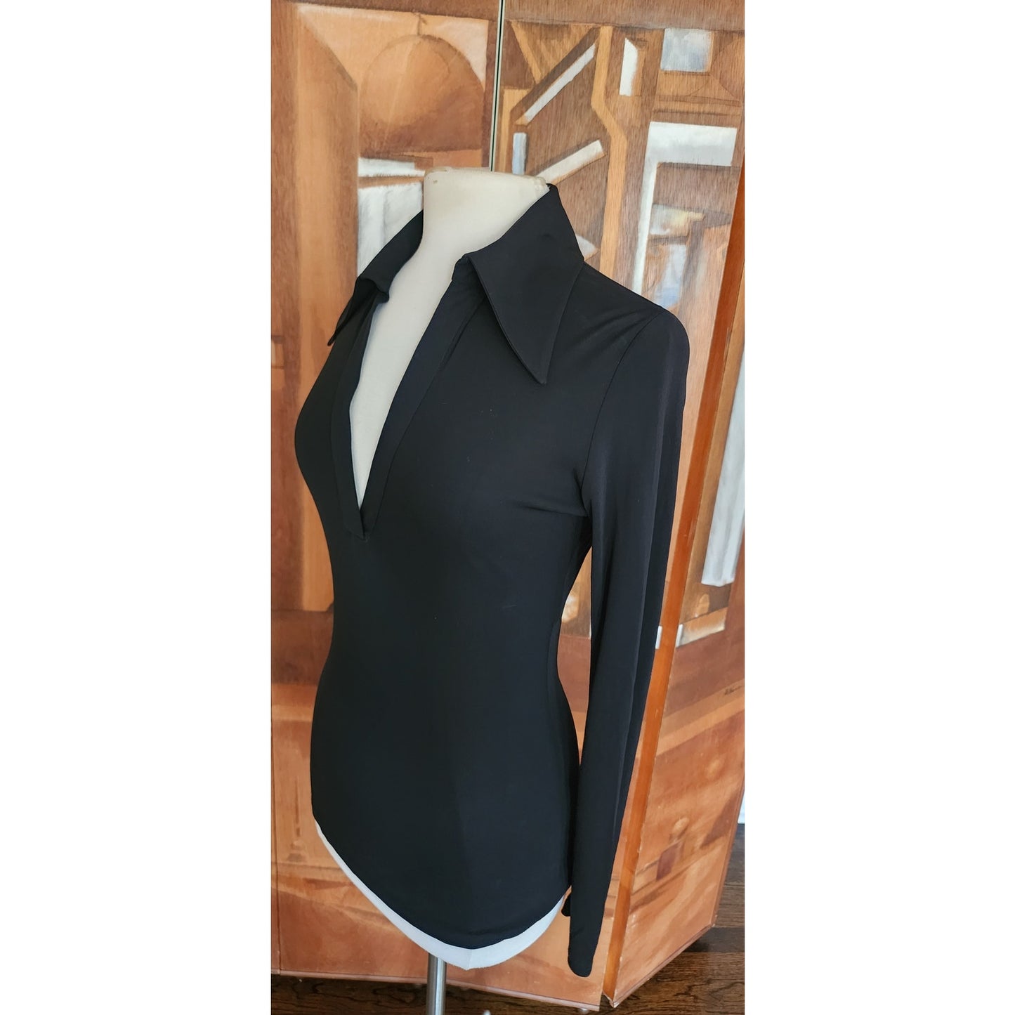 Vintage 1996 Gucci by Tom Ford Collared V NeckTop Long Sleeved Black Viscose