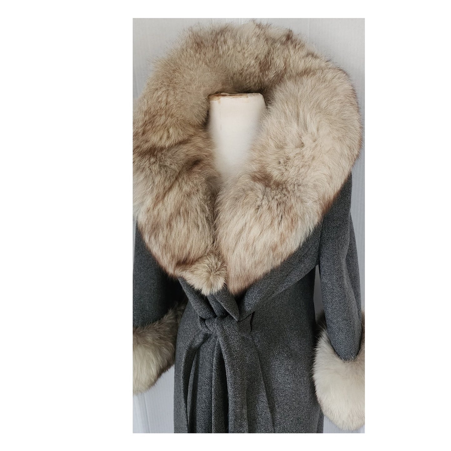 60s Gray Wrap Coat w/Cream Fox Fur Collar & Cuffs Gino Rossi