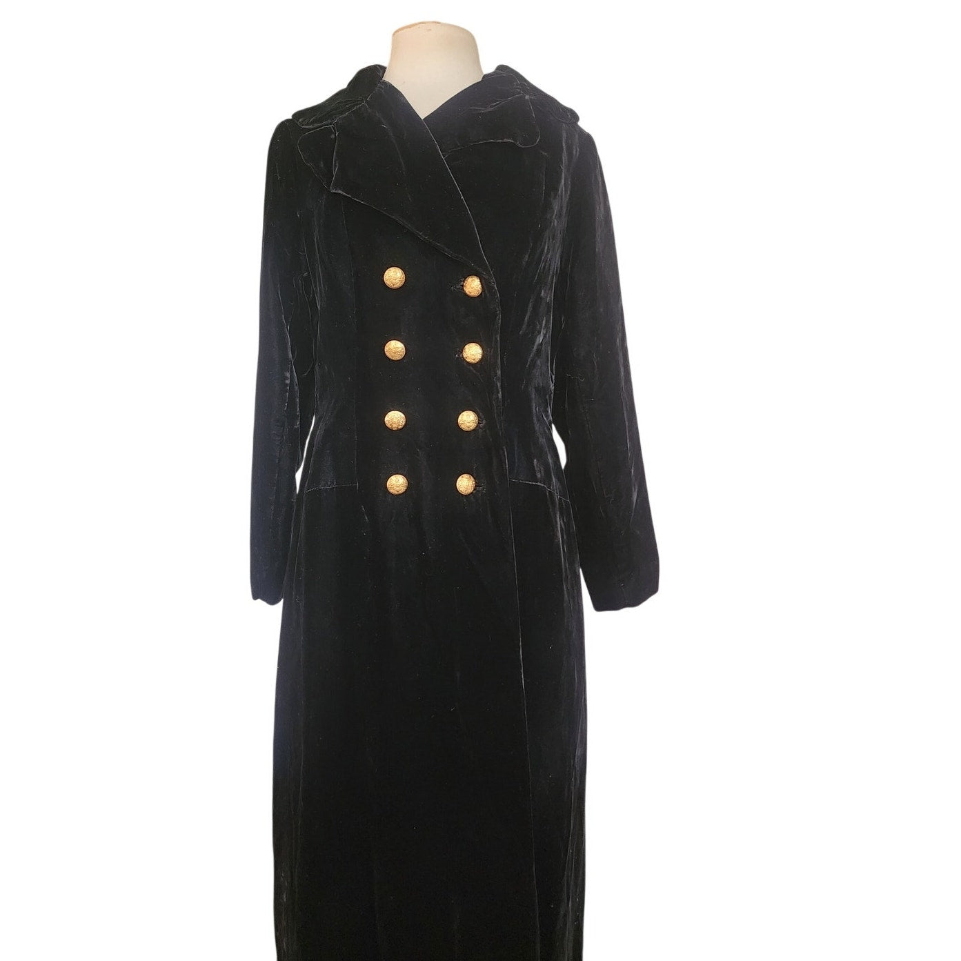 Vintage Black Velvet Opera Coat Double Breasted Gold Buttons