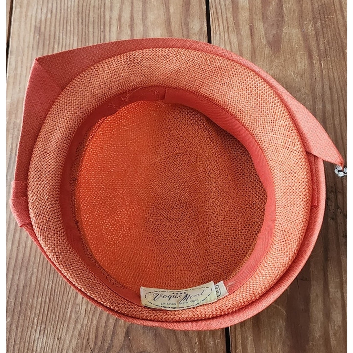 Vintage 50s Orange Straw Cocktail Hat Rhinestones Voguemont Chicago