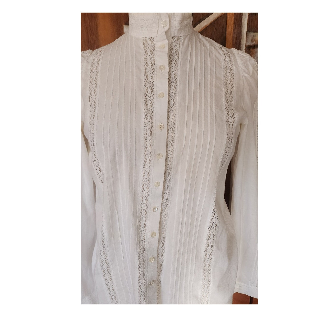 Vintage 70s Laura Ashley Blouse White Cotton Lace Crochet High Collar Puffed Shoulders Neo Edwardian