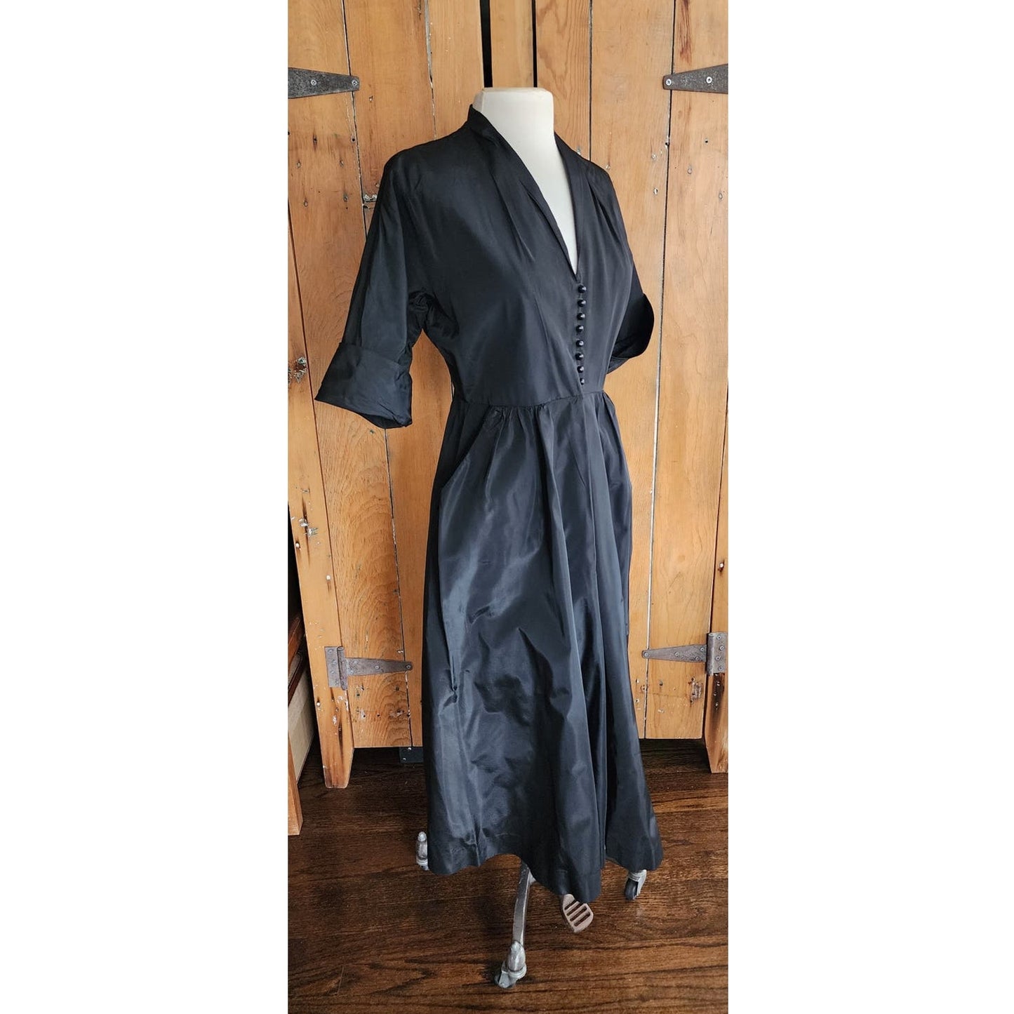 1950s Black Satin Shirt Dress Short Sleeves