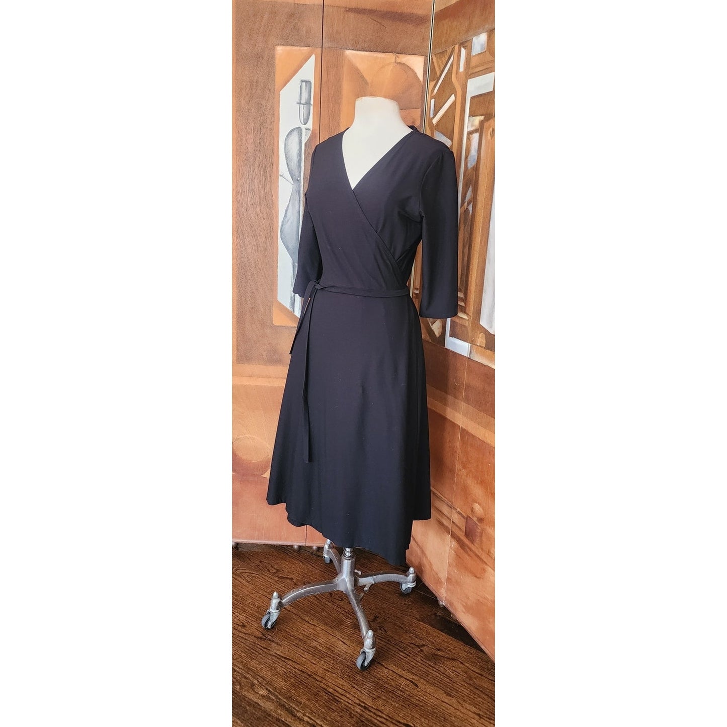 Vintage Eileen Fisher Y2K Black Rayon Stretch Knit Wrap Dress Midi