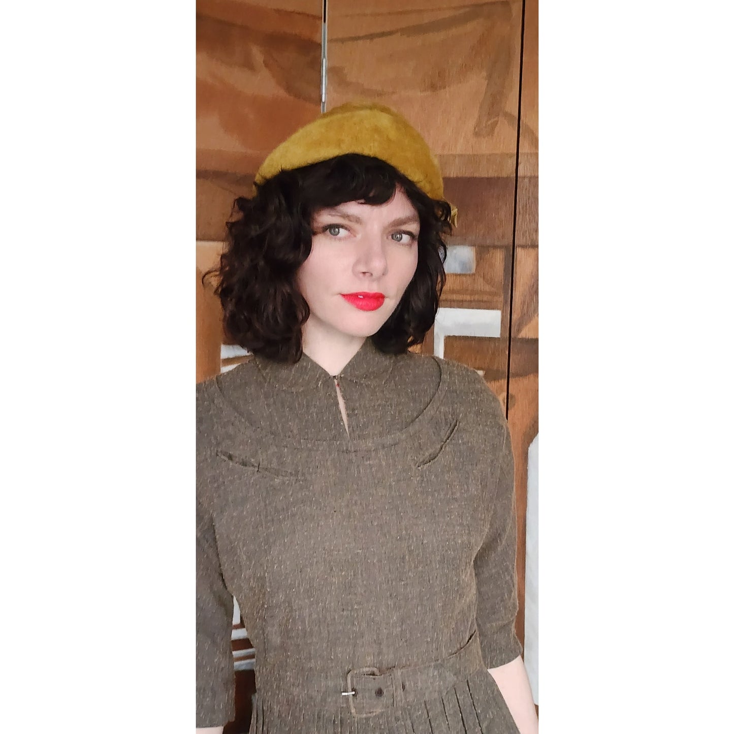 Vintage 40s Day Dress Textured Belted Brown Olive Green Kabro of Houston