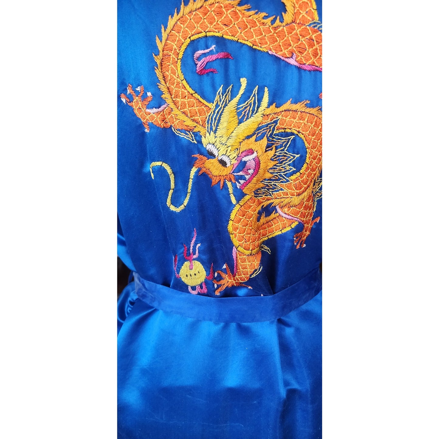 Vintage Chinese Dragon Robe Embroidered Blue Silk Esme