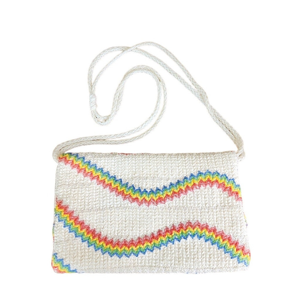 Vintage 70s Straw Shoulder Bag Rainbow Waves