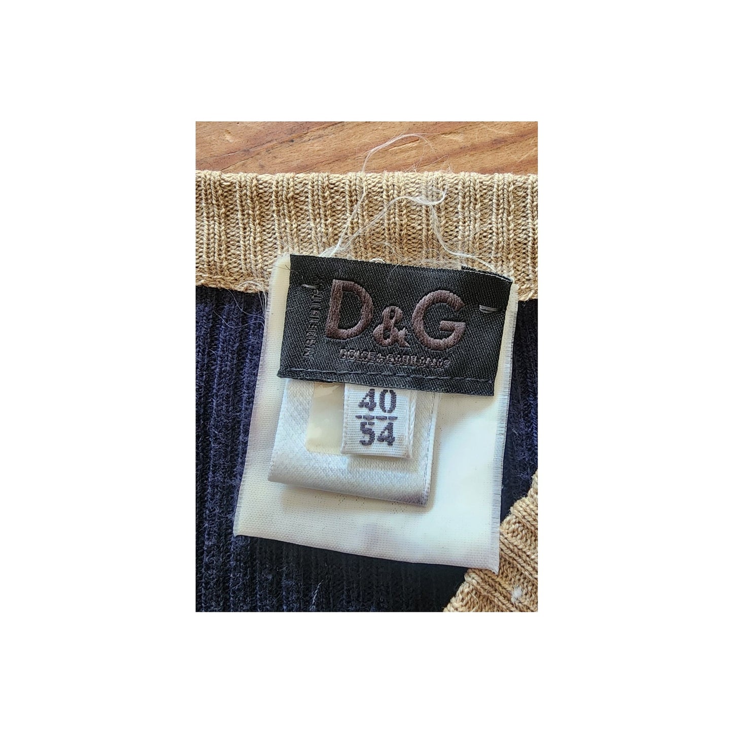Vintage 90s D&G Dolce & Gabbana Ribbed Knit Mini Dress Blue Beige Trim