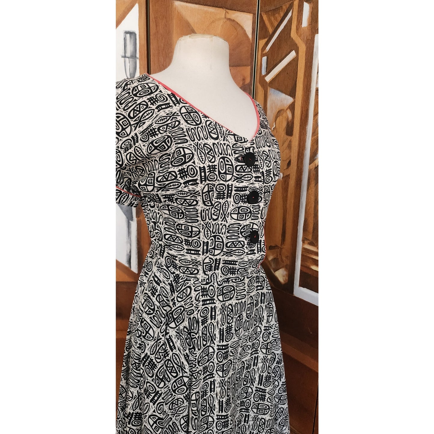 Vintage 50s Cotton Print Day Dress Black White MCM Tiki Pattern Rockabilly Short Sleeved / M