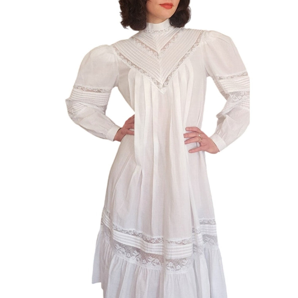 Vintage 1980s Ceegee Sue Wong Dress White Cotton Lace Boho Victorian Puff Sleeve