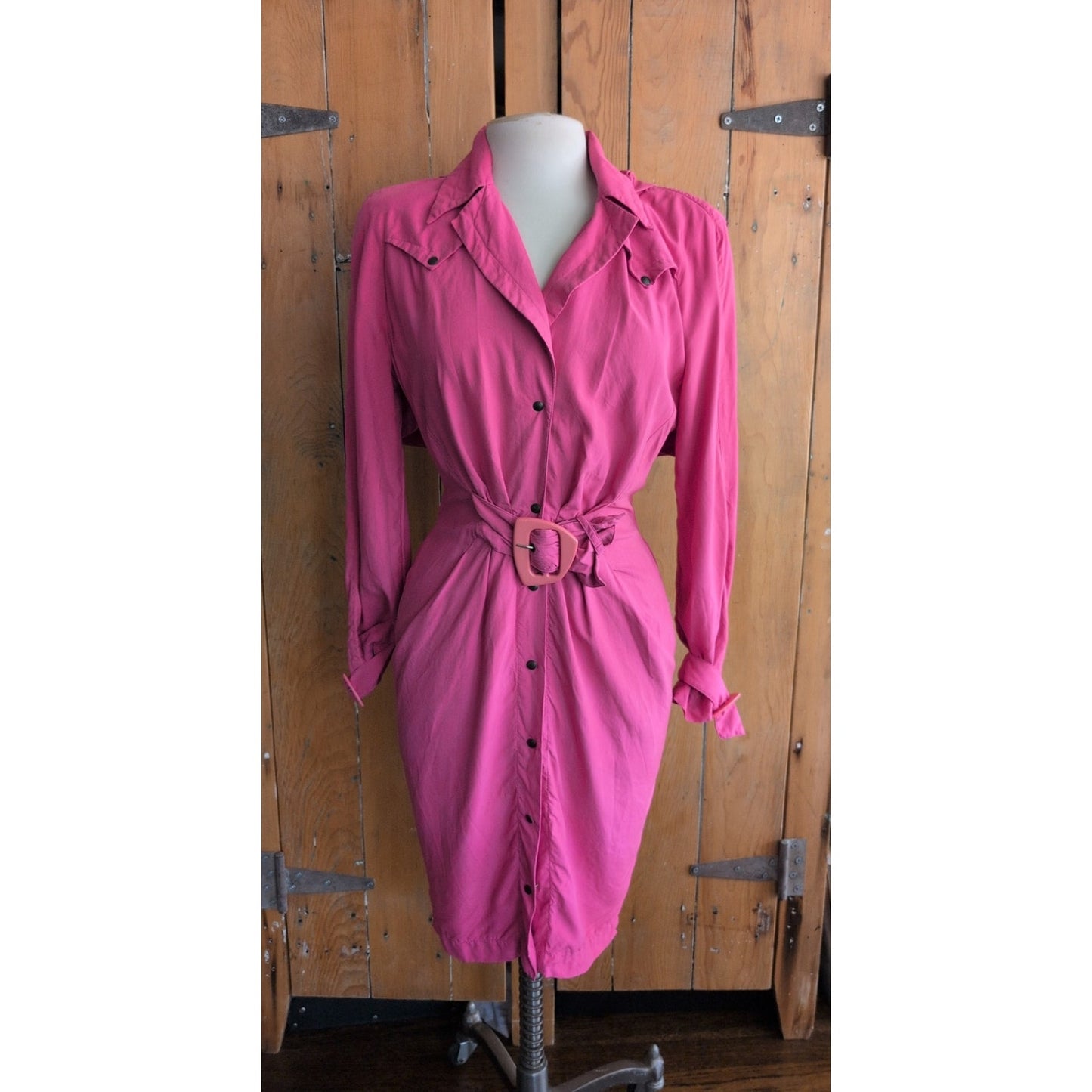 Vintage 80s Pink Silk Dress Long Sleeves Belt & Hood / S