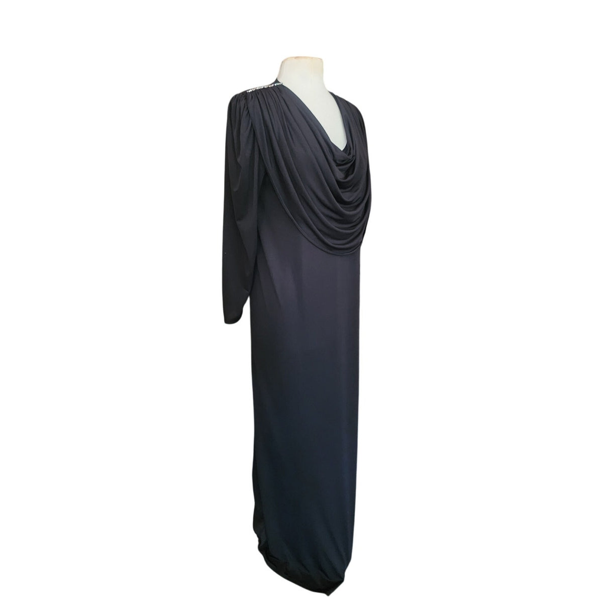 Vintage 1980s Oscar de la Renta Evening Dress Black Liquid Jersey Rhinestones Cowl Neck M