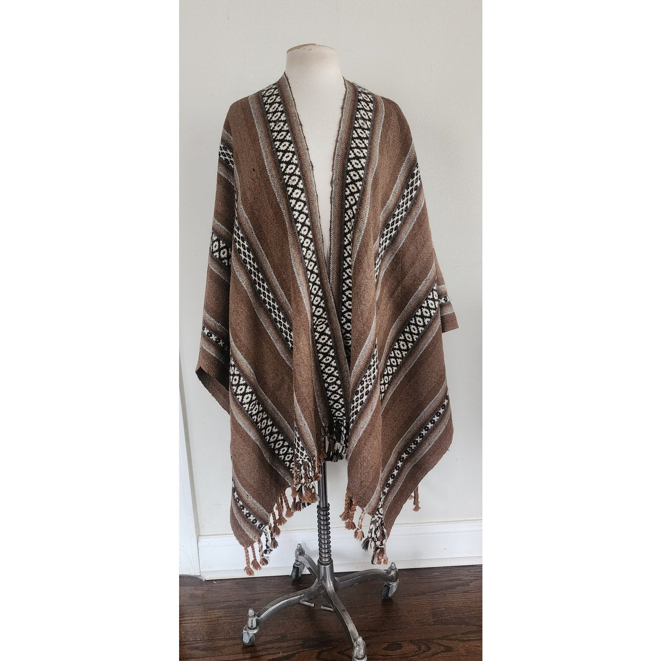 Vintage Fotrama Poncho Alpaca Wool Brown Cream Striped w/Fringe Handmade Ruana Bolivia