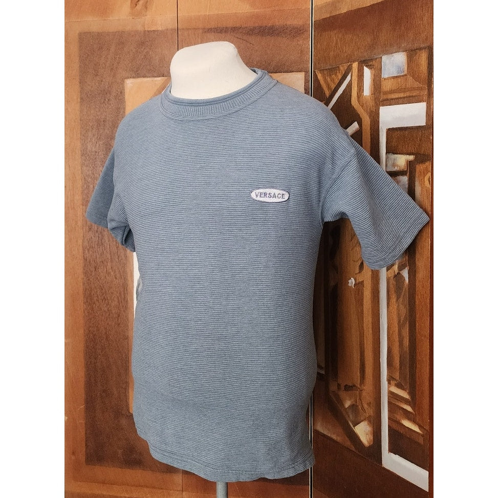 Vintage 90s Versace Classic V2 Mens Top Striped Ribbed Knit T-Shirt Dusty Blue