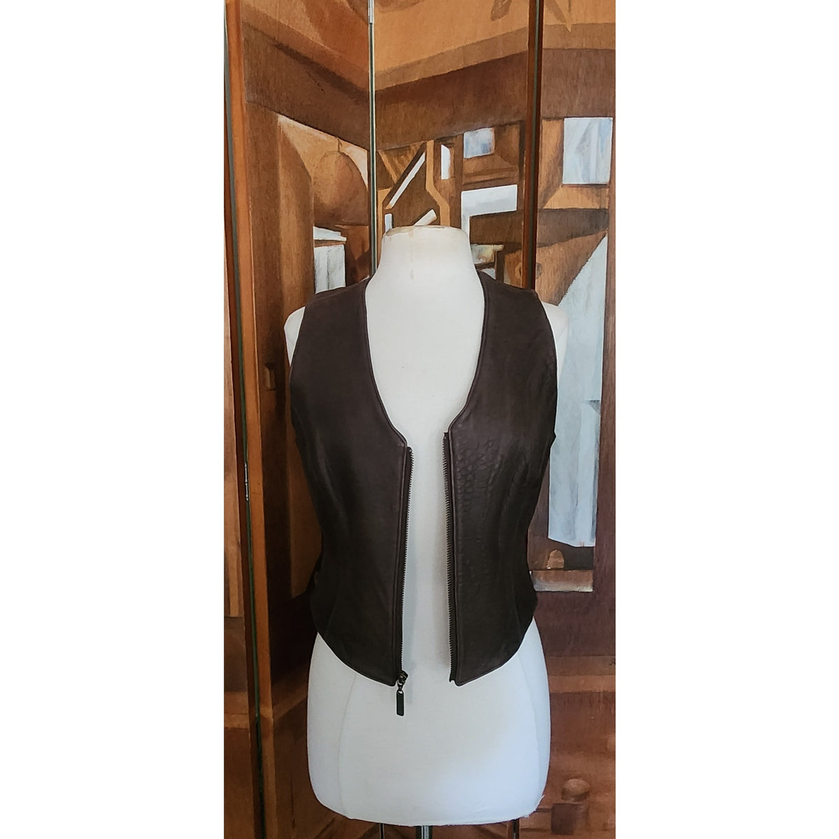 Vintage 1990s Brown Leather Vest Zip Front Karen Kane Vest Fitted Leather Minimalist