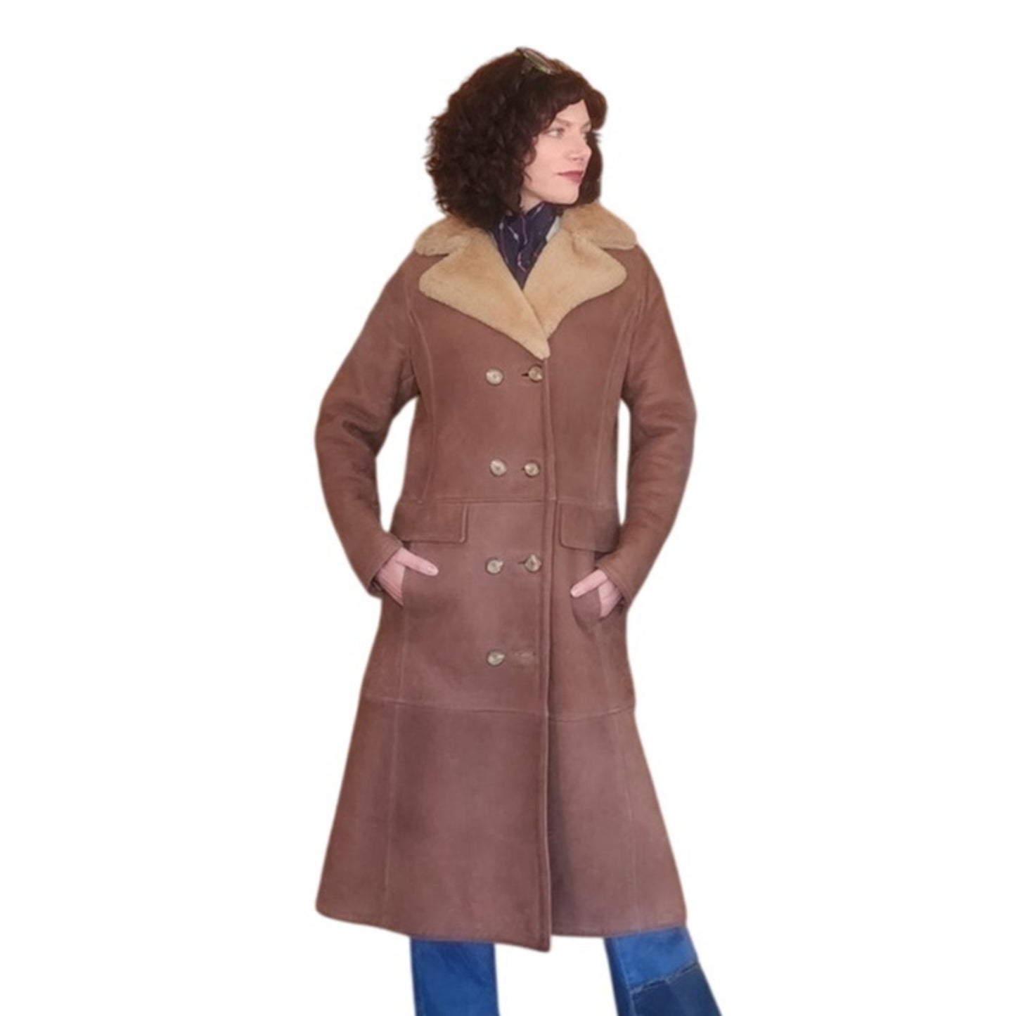 Vintage 1970s Shearling Coat Brown Suede Long Parka Double Breasted
