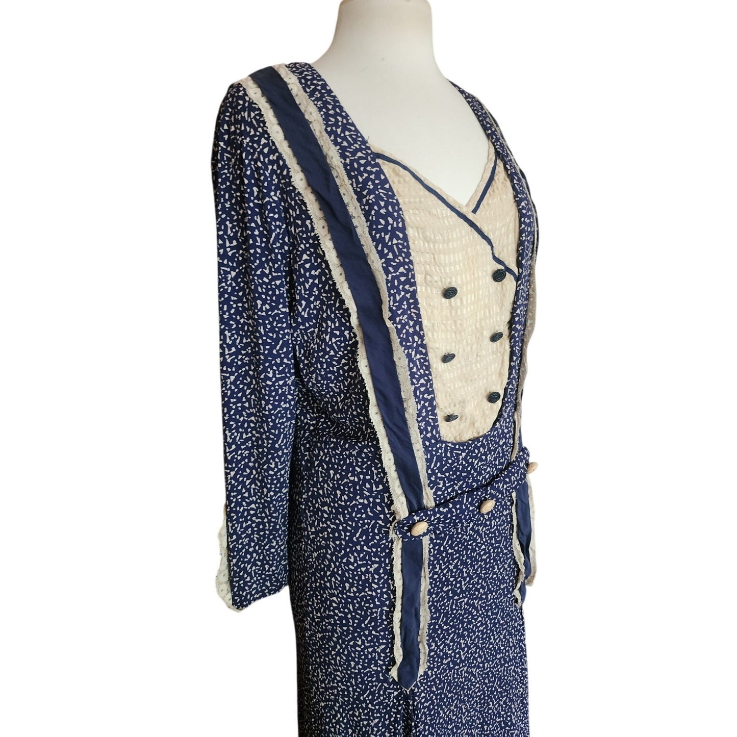 Vintage 1920s Day Dress Silk Print Navy Blue Polkadot Micro Dot Long Sleeves / S