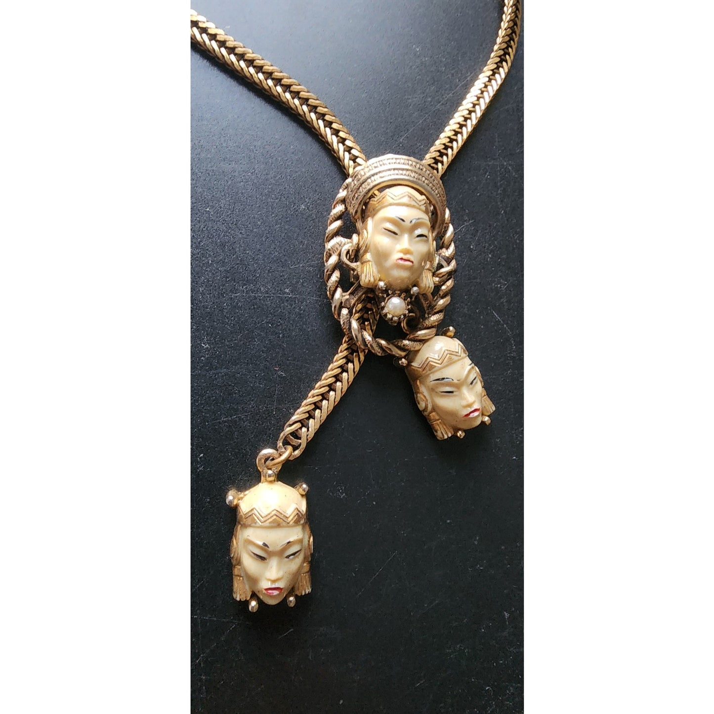 Vintage 50s SELRO SELINI Necklace Asian Princess Pendants Thai Girl Heads Faces Masks