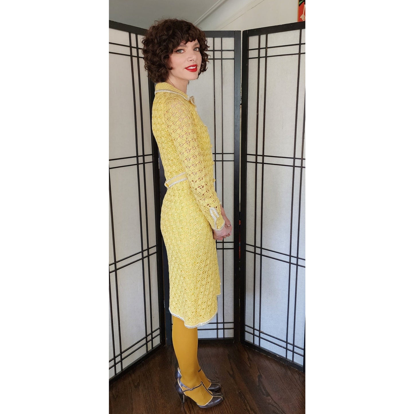 Vintage 60s Yellow Knit Dress Button Down Front Handmade France