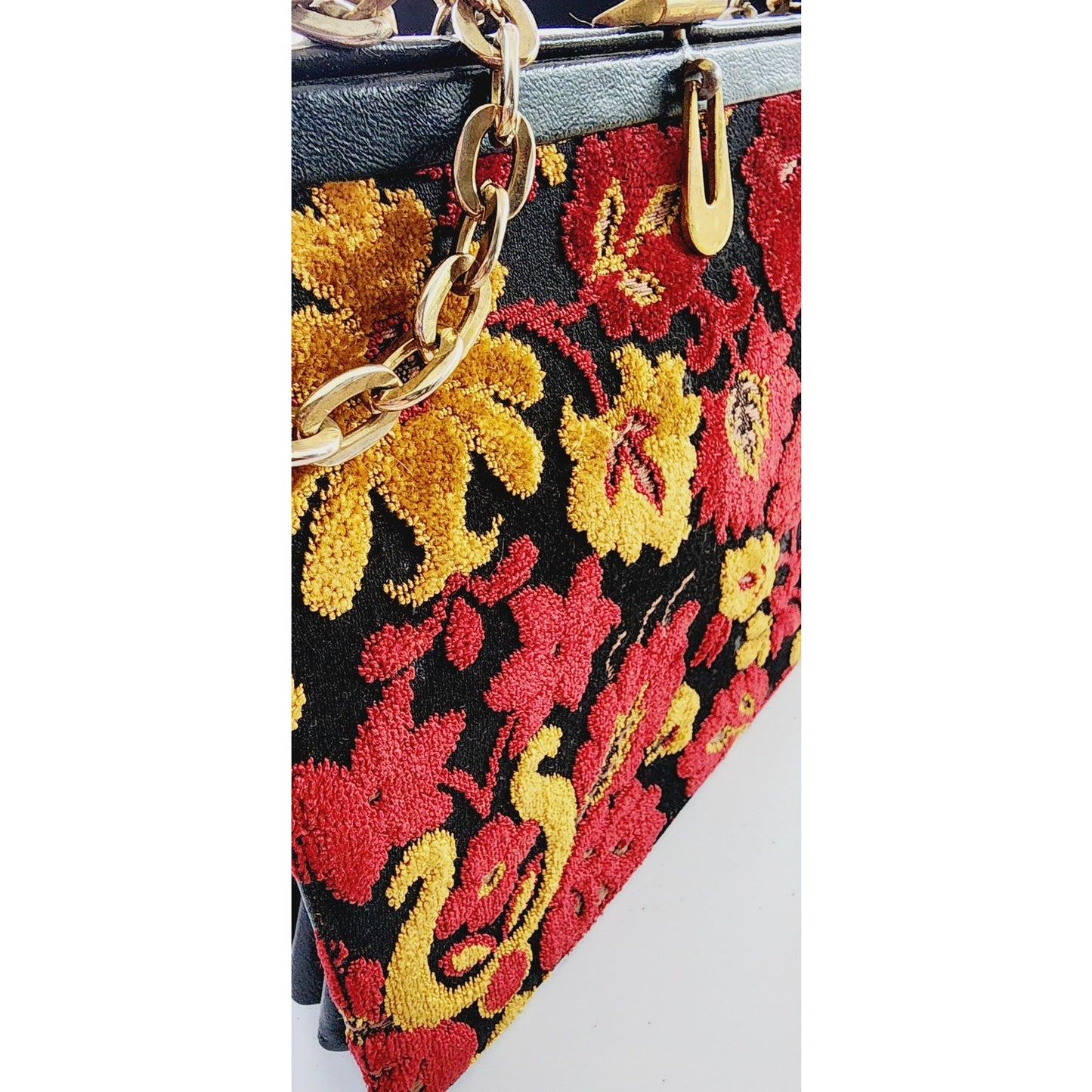 Vintage 60s Tapestry Weave Bag Burgundy Red Yellow Floral Brocade