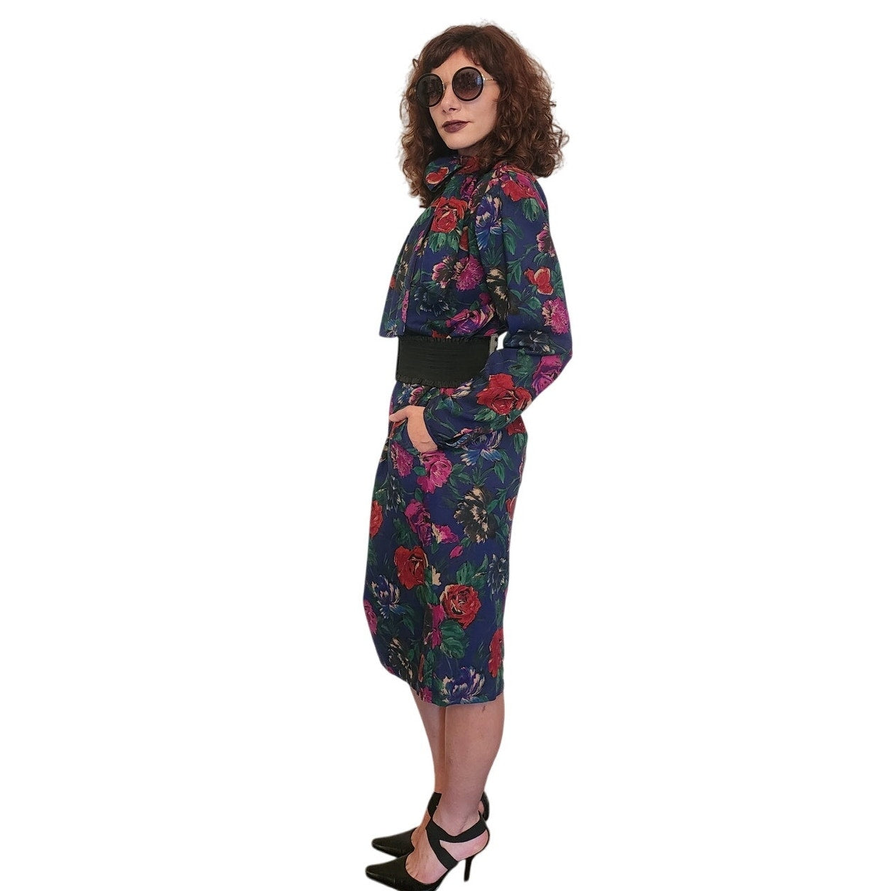Vintage 1980s UNGARO Sac Dress Dark Floral Print Wool w/Sash Necktie / M