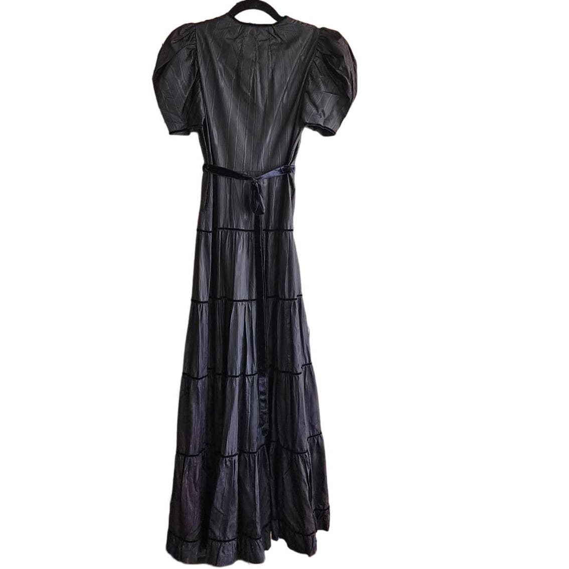 Vintage 30s Black Evening Dress Waterfall Taffeta Short Puffed Sleeves