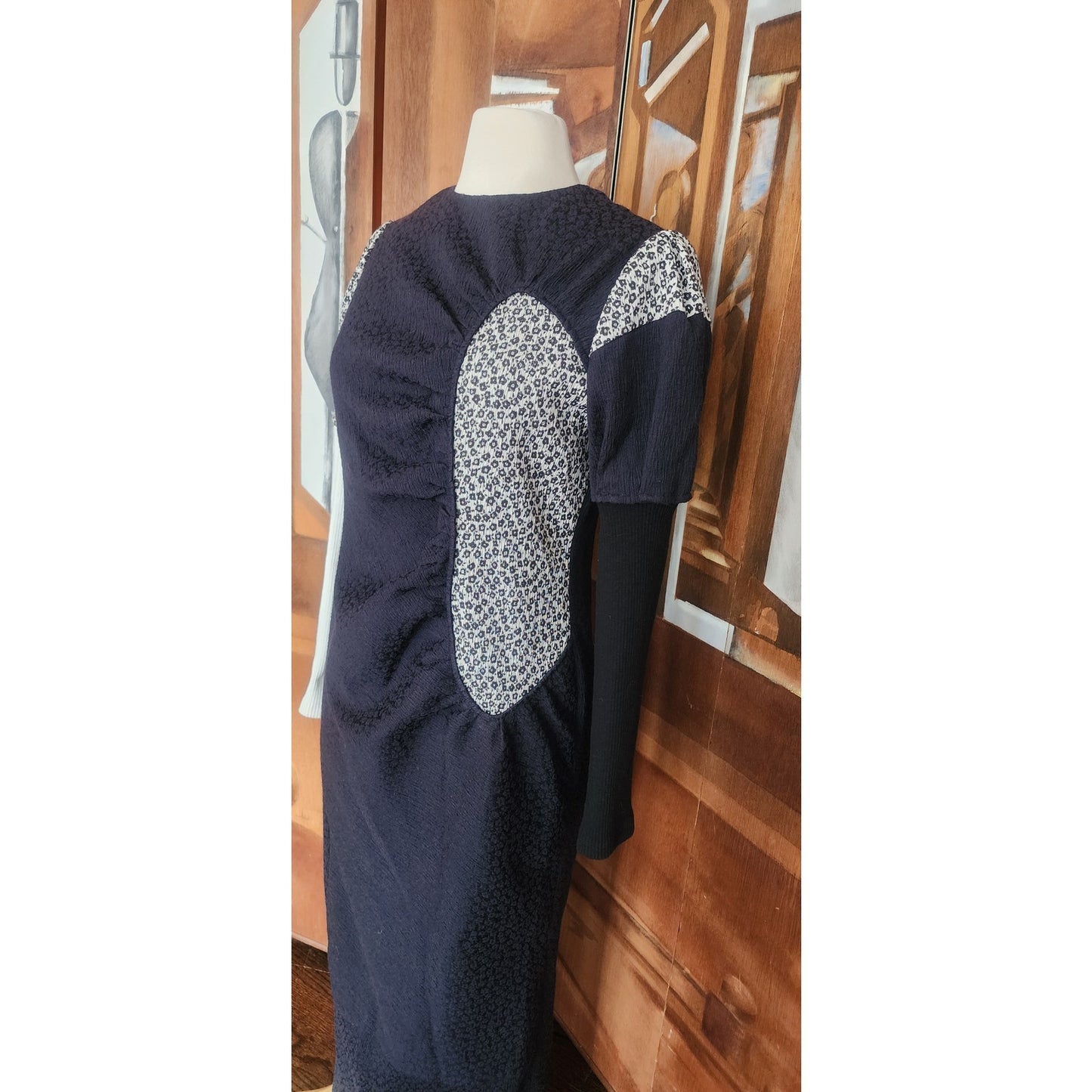 WNDERKAMMER Dress Blue Floral Jacquard Asymmetric Colorblock Sheath Avant Garde