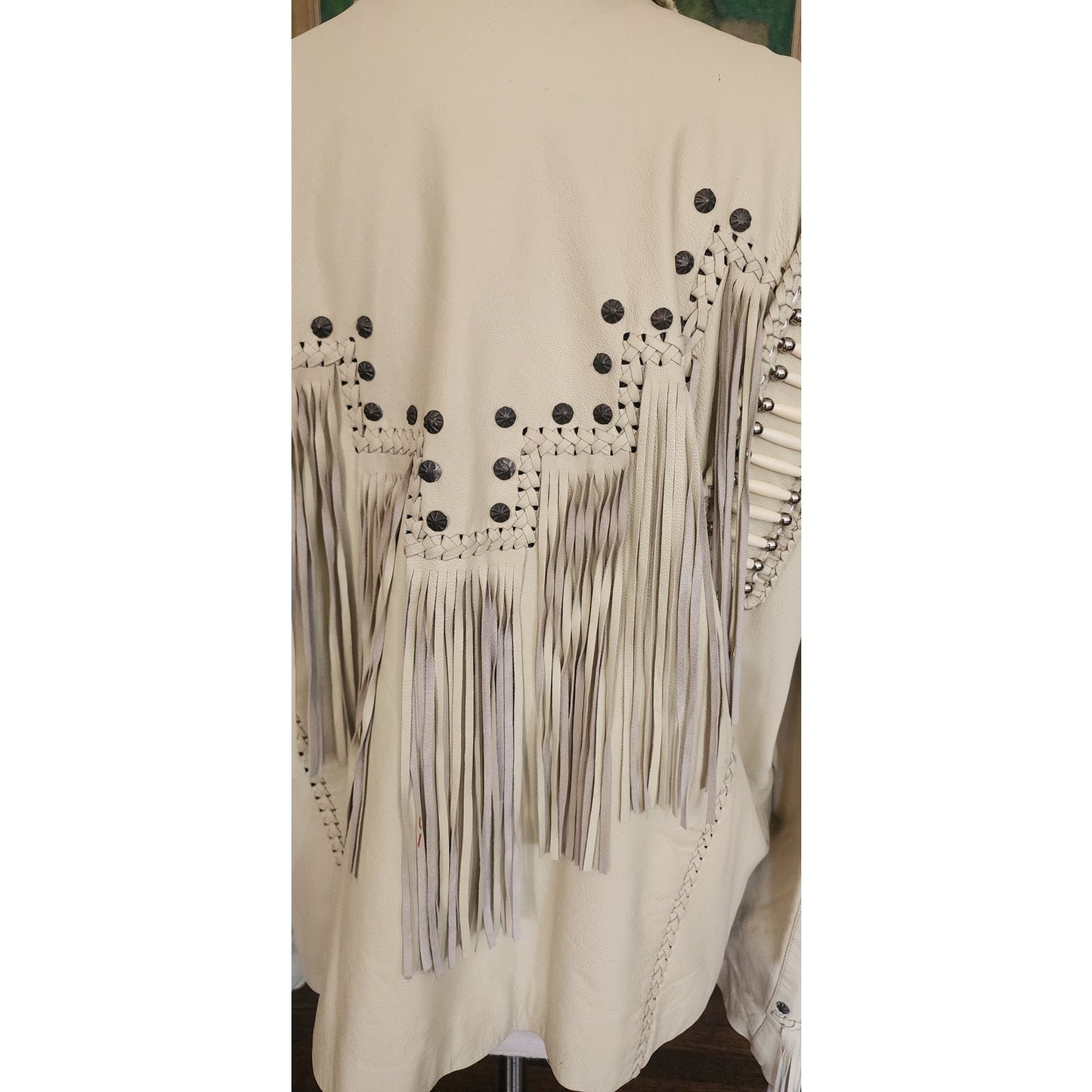 Vintage 1980s White Leather Jacket SUNRIDERS Fringe, Studs & Bone Beads XXL
