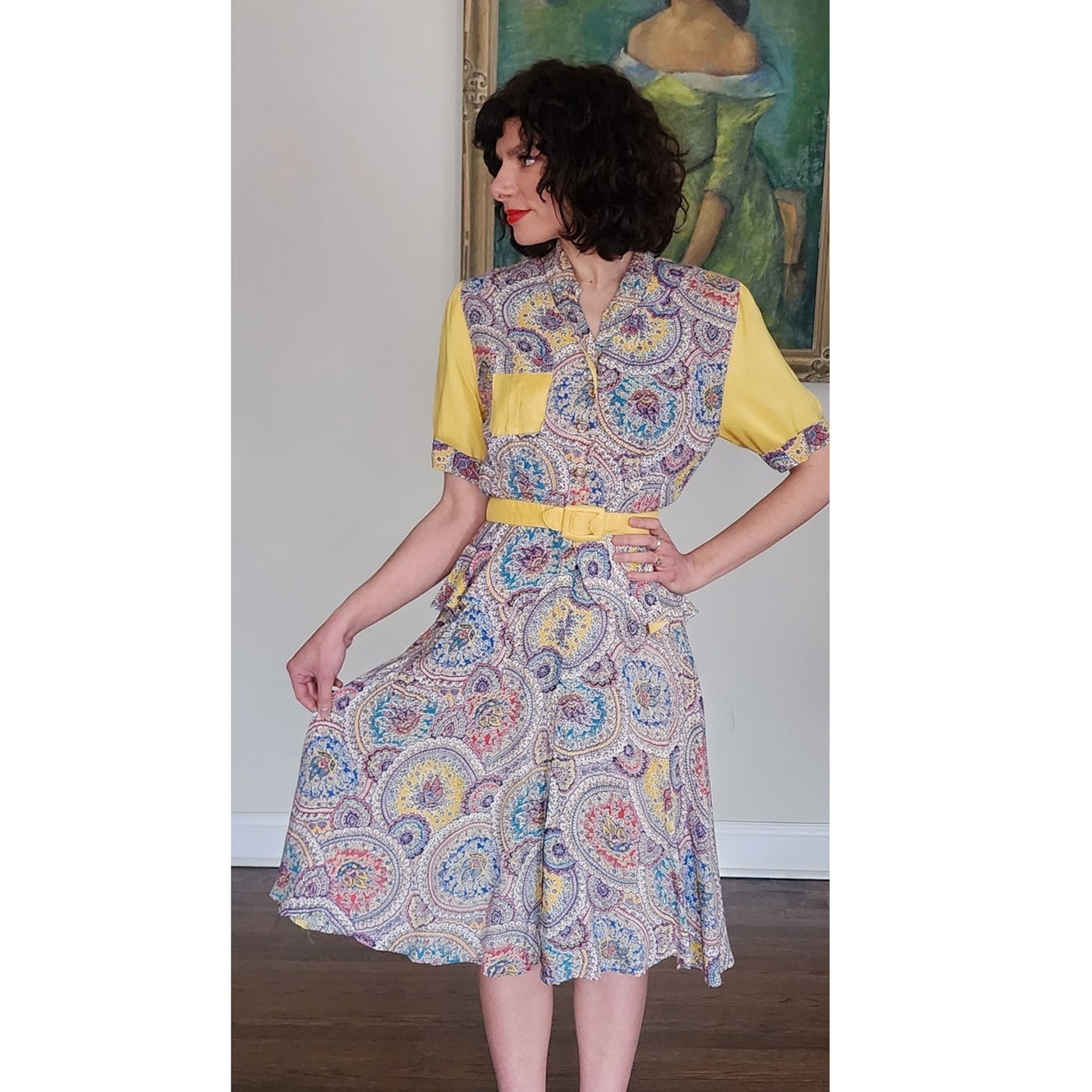 Vintage 1940s Dress Set Paisley Yellow Dress Rayon Belted by Saybury / S