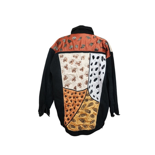 Vintage 80s Black Denim Jean Jacket Patchwork Sequins, Beading, Embroidery Plus Size 2X