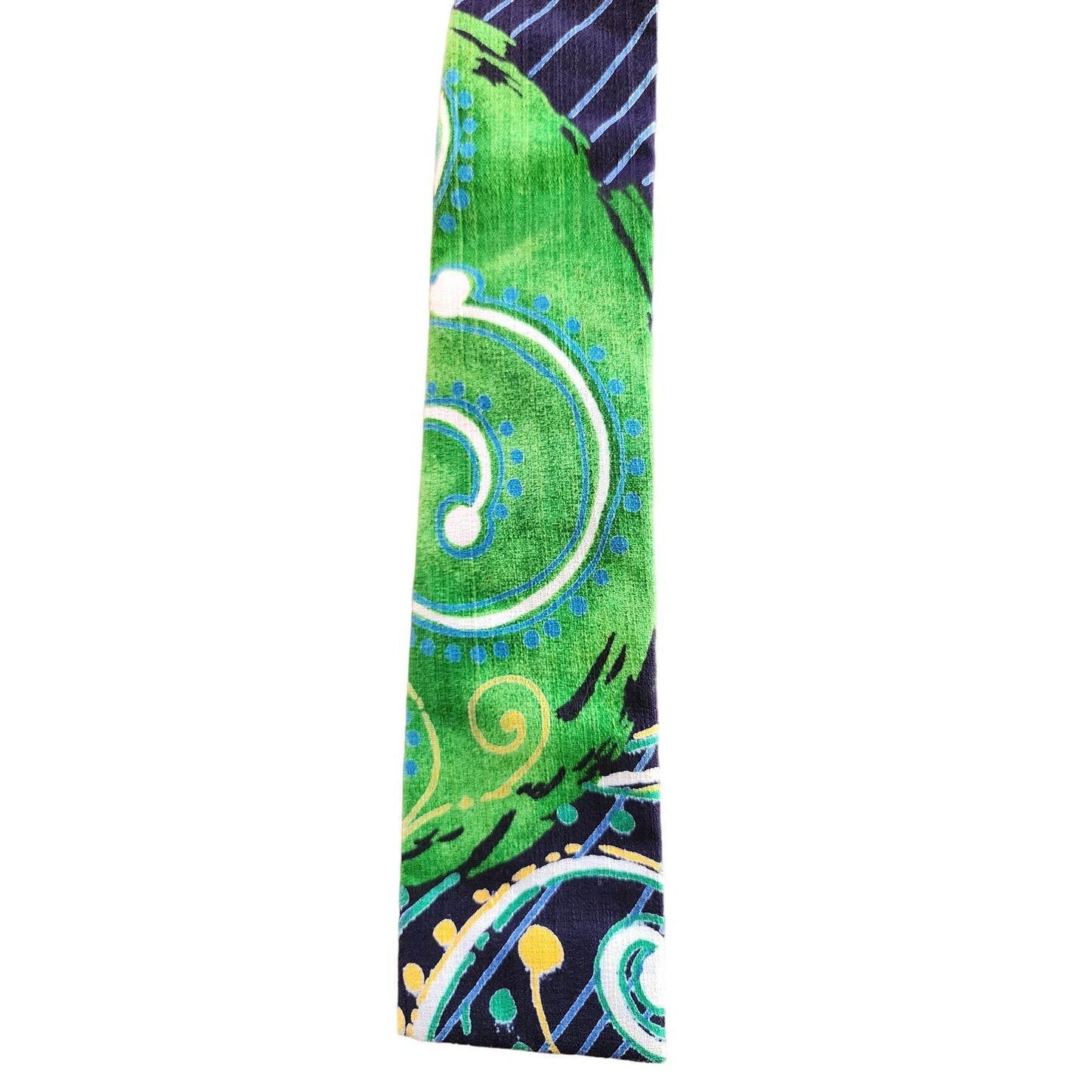 Vintage 50s Mens Tie Flat End Tiki Print Barkcloth Kanaka Hawaii Green Blue