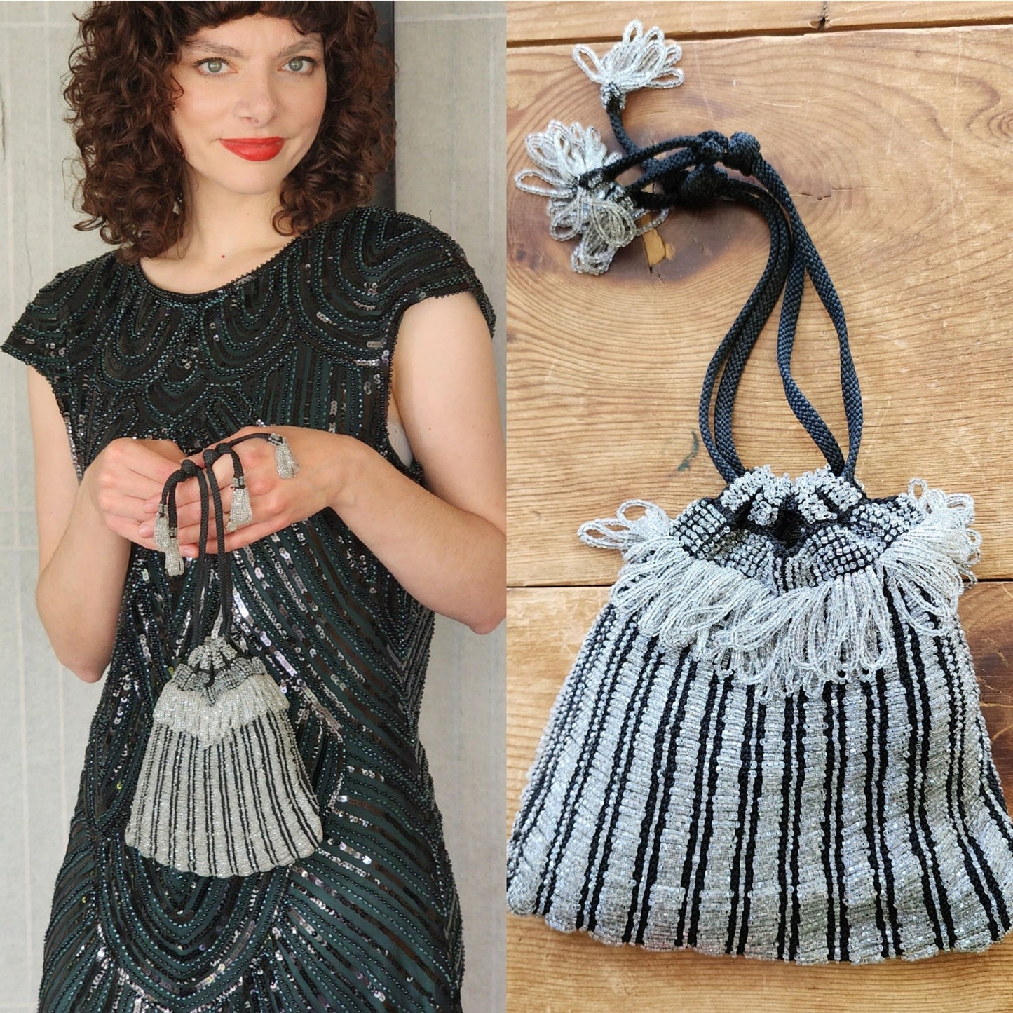 Vintage 20s Beaded Evening Bag Black Silk Pouch Flapper Purse