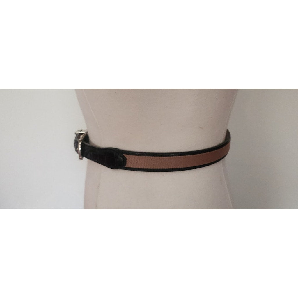 Vintage 1990s Brighton Leather Belt Black Leahter Beige Canvas Silver Buckle 28
