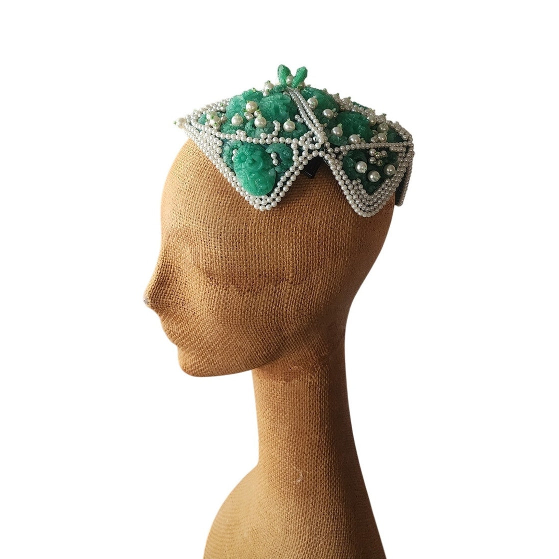 Vintage 1950s Green Beaded Cocktail Hat a la Bes-Ben