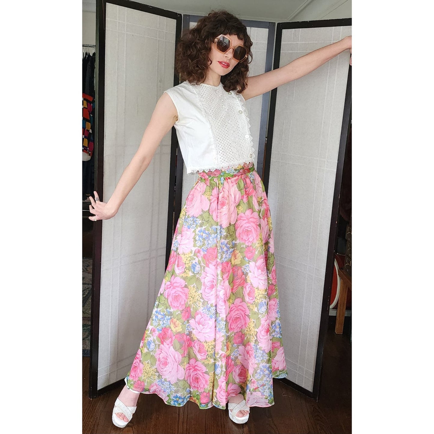 Vintage 70s Maxi Skirt Elastic Waist Pink Floral Print Saks Fifth Avenue