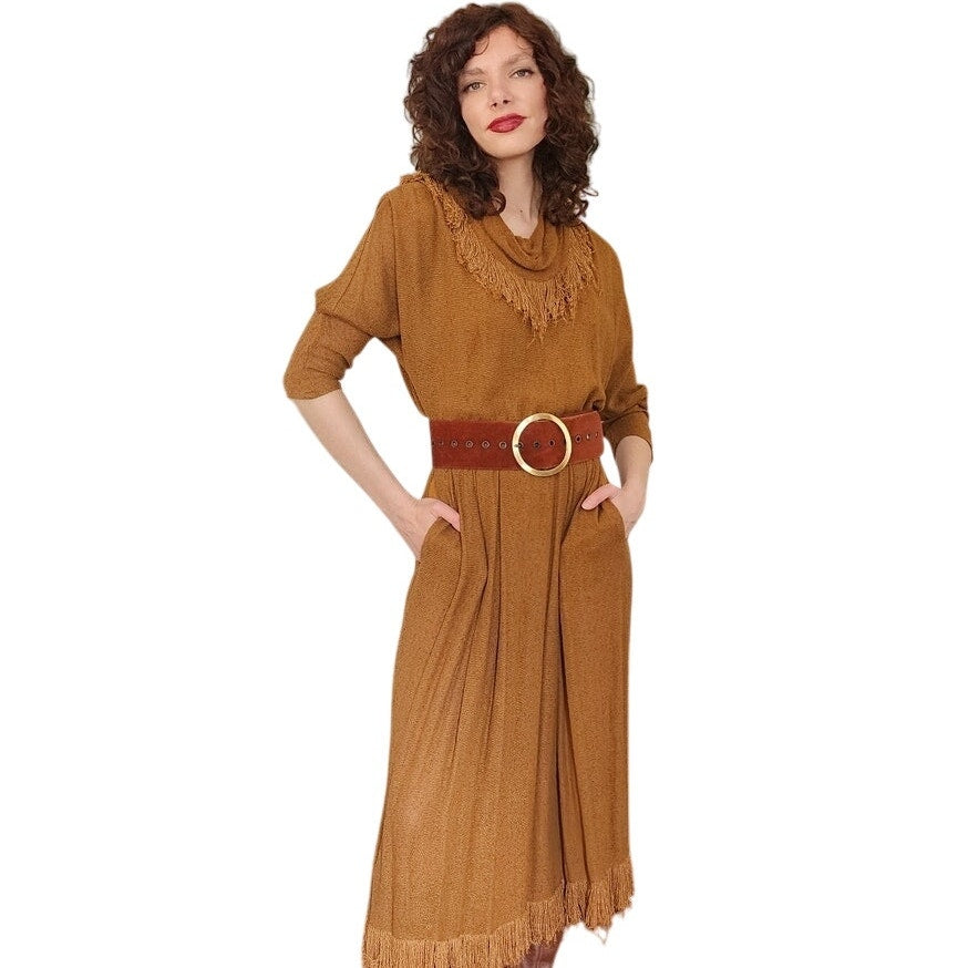 Vintage 80s Brown Dress Fringed Cowl Collar Mad Max Distopia Positive Attitude