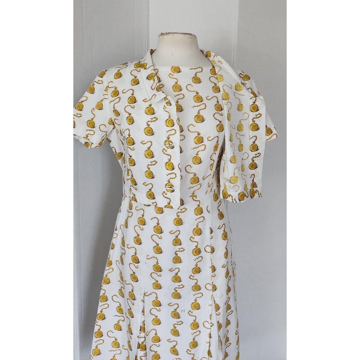 Vintage 60s Clocks Novelty Print Dress + Jacket Set Gold Pocket Watch