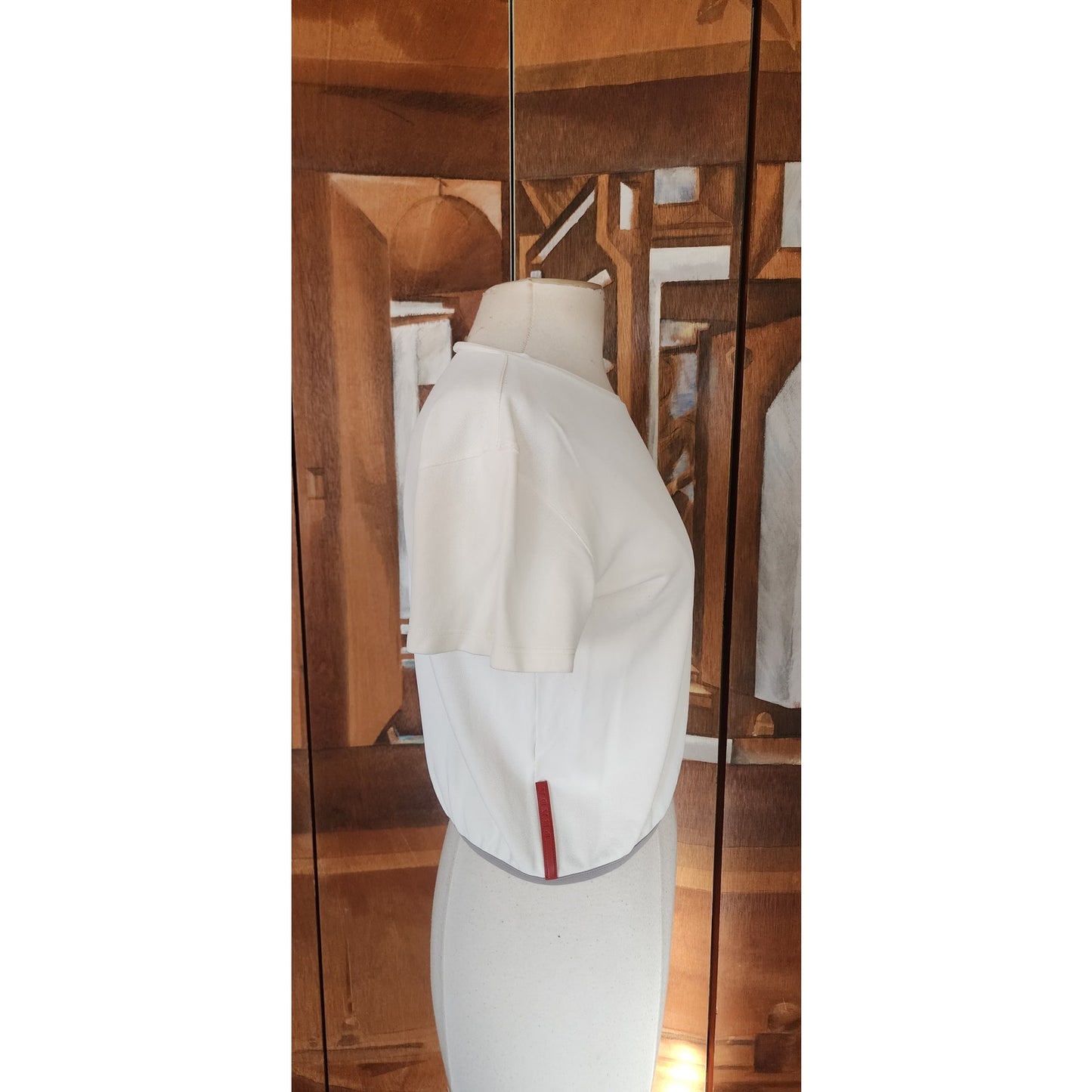 Vintage Y2K 90s Prada Linea Rossa Sport White Crop Top S/S Red Logo Panel